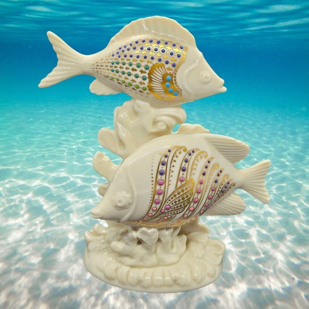 Vintage Lenox China Jeweled Double Tropical Fish Statue ~ 7.5" Tall Made in  USA